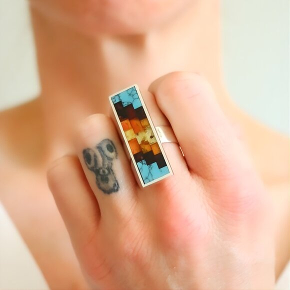 Turquoise and Baltic Amber Mosaic Ring- Sterling Silver -Adjustable Size - Picture 7 of 7